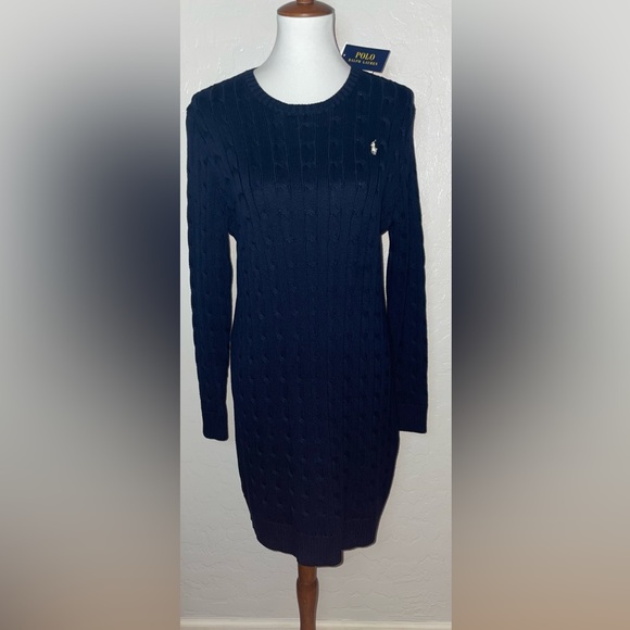 New! Polo Ralph Lauren Cable Knit Crewneck Sweater Dress in Navy Size Large🤍🐎 - Picture 4 of 12